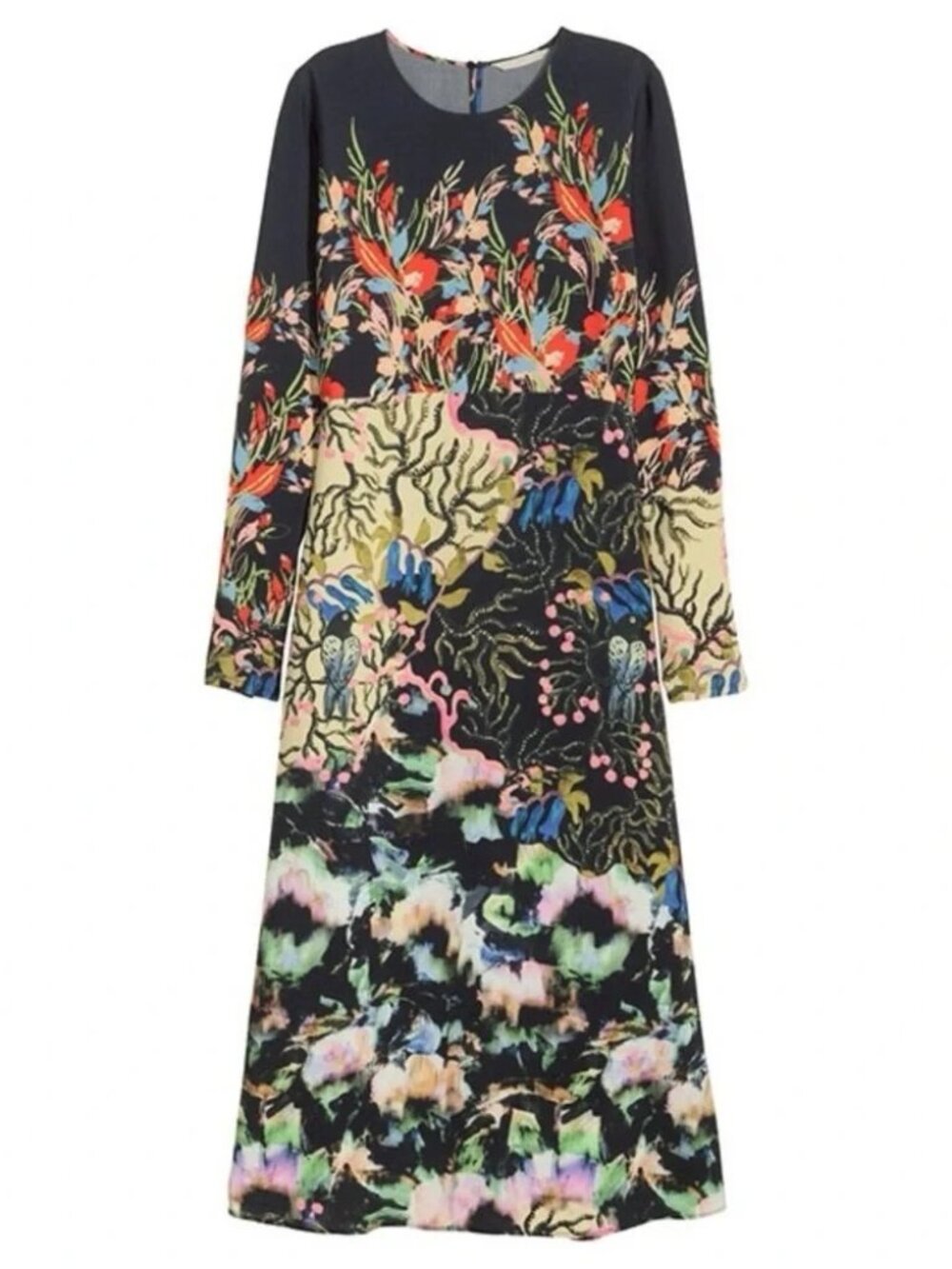 H&M Long Sleeve Printed Midi Dress – Bold Artistic Floral Print – Elegant Sz 2